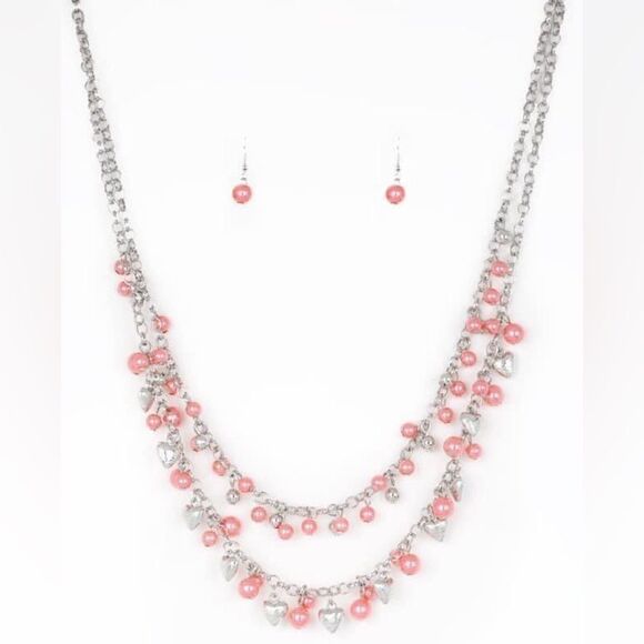 Jewelry - Set!! 2 tiered pink pearl and silver Heart necklace with earrings